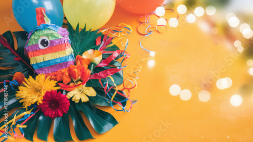 Festive Pi ata Balloons Flowers Confetti on Orange Background photo