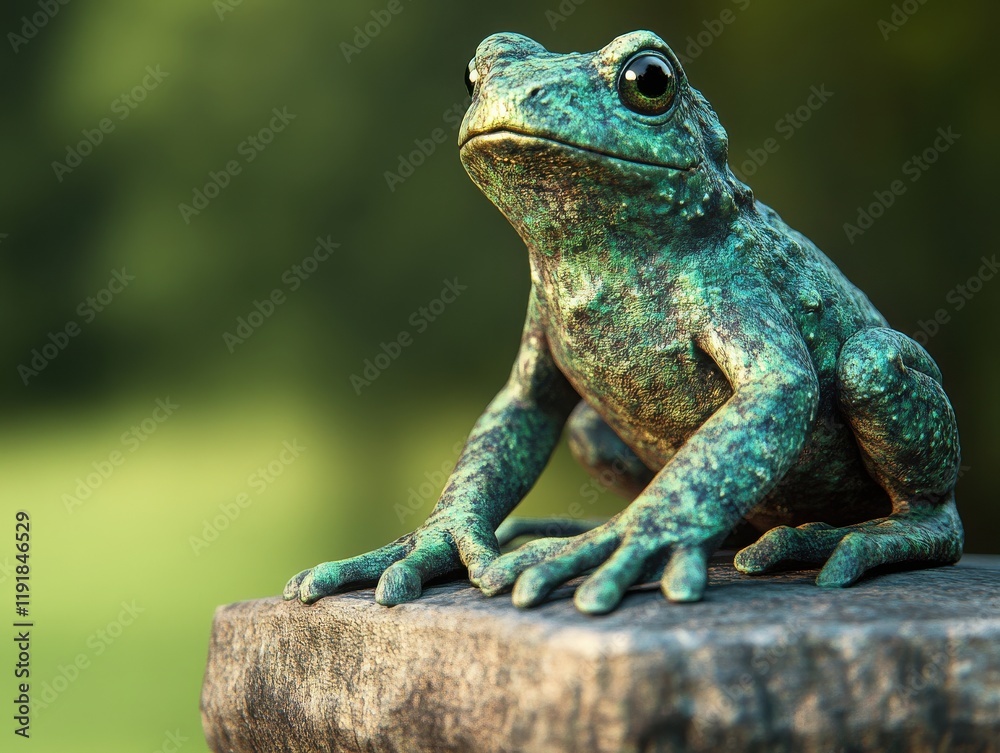 Obraz premium A close-up image of a green frog sitting on a wooden surface in a natural setting, showcasing its bright eyes and textured skin.