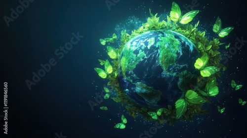 Earth Surrounded by Lush Greenery and Butterflies