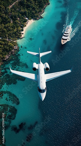 Luxury jet cruising above serene countryside with yacht on shoreline