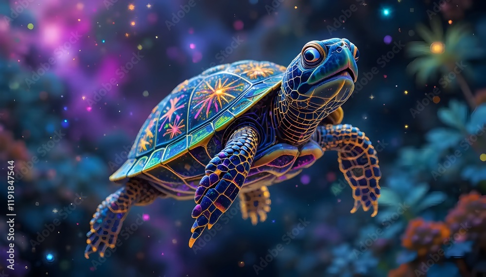 Enchanting sea turtle swims gracefully amidst a cosmic underwater garden with vibrant colors and sparkling starlight effects Enchanting sea turtle swims gracefully amidst a cosmic underwater garden with vibrant colors and sparkling starlight effects