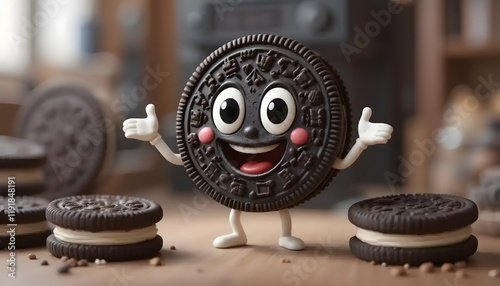 Whimsical Oreo cookie character with cheerful face and arms stands on a wooden surface surrounded by more delicious Oreo cookies