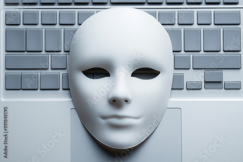 White mask placed on gray keyboard with a focus on symmetry and digital themes photo