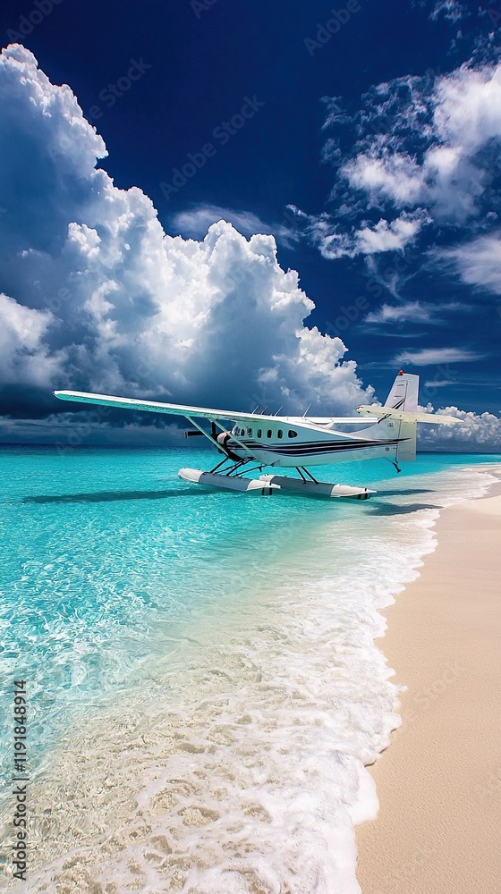 Fototapeta premium Seaplane landing gracefully on a tropical beach with turquoise waters