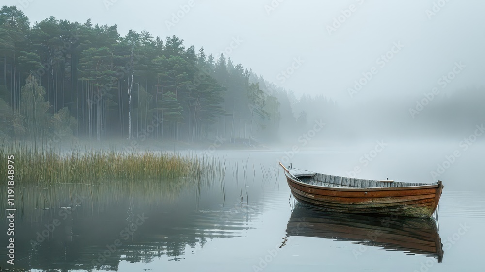 A serene lake scene with a boat surrounded by misty trees and calm waters. A serene lake scene with a boat surrounded by misty trees and calm waters.