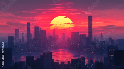 Stunning sunset over a futuristic city. Skyscrapers silhouette against fiery sky, creating a captivating scene.
