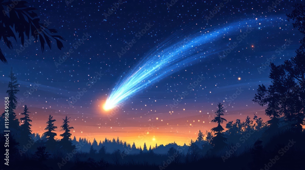Fototapeta premium Comet streaks across night sky over forest silhouette at sunset.
