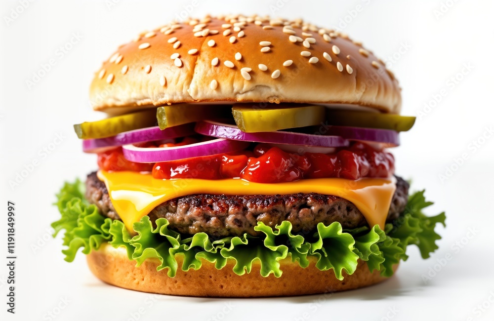 Delicious cheeseburger on white background. Sesame seed bun holds juicy beef patty topped with melted cheese, lettuce, sliced pickles, red onion rings. Tomato sauce adds flavor. Great photo for food