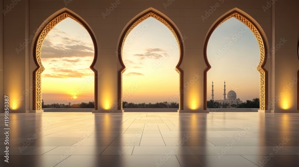 Fototapeta premium Stunning sunset view through ornate arches of a mosque