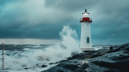 Wallpaper Mural A lighthouse stands resilient against crashing waves under a stormy sky. Torontodigital.ca