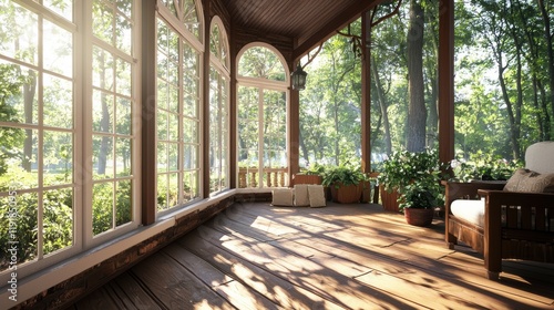 Fotografie Porch area featuring a wooden bench and a comfortable chair surrounded by greene