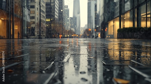 Wet street with reflective surface after rain showcasing puddles and wet asphalt in urban environment photo