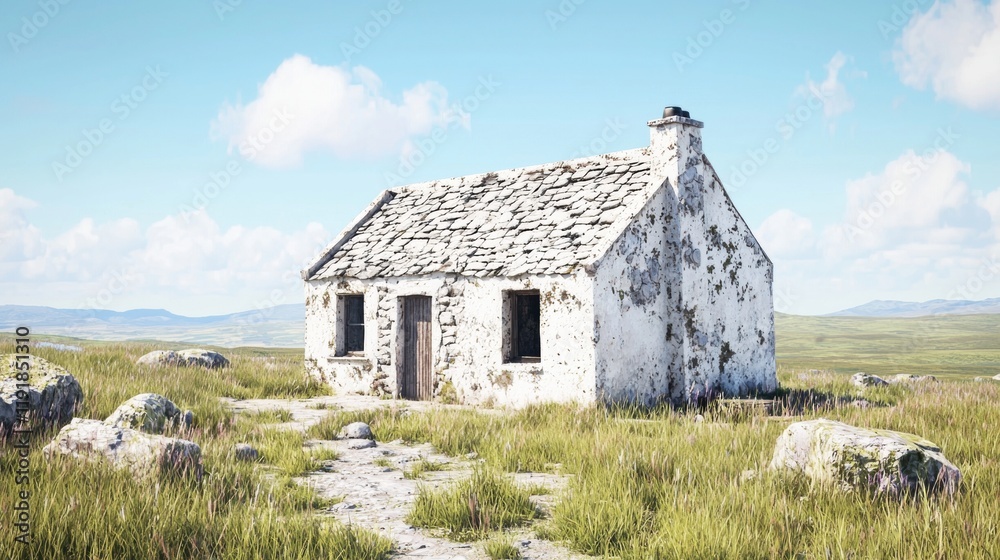 Obraz premium Small house located in the center of a vast green field under a clear blue sky during daytime