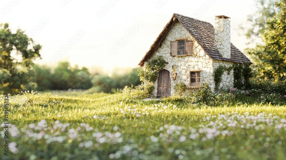 Small house surrounded by a vast green field under a clear blue sky during daytime Small house surrounded by a vast green field under a clear blue sky during daytime