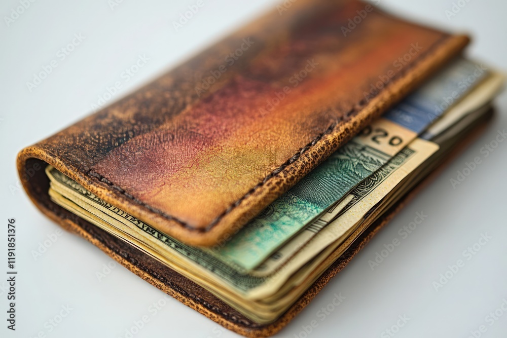 Leather wallet holds folded bills, cash. Leather wallet holds folded bills, cash.