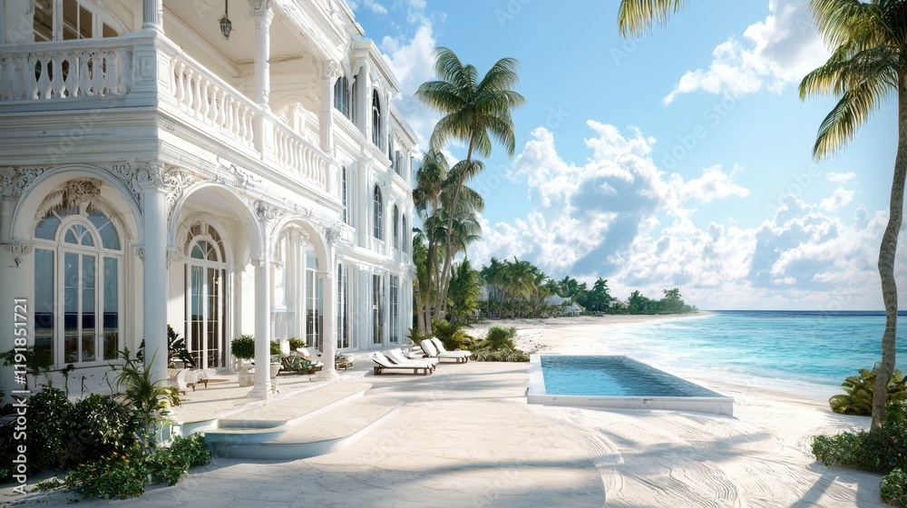 Fototapeta premium Large white house with a swimming pool surrounded by palm trees in a sunny outdoor setting