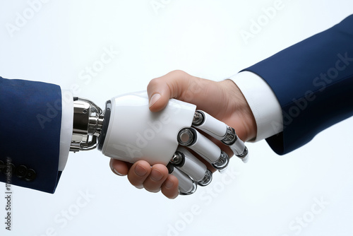 Human hand shakes robotic hand symbolizing cooperation and technological advancement