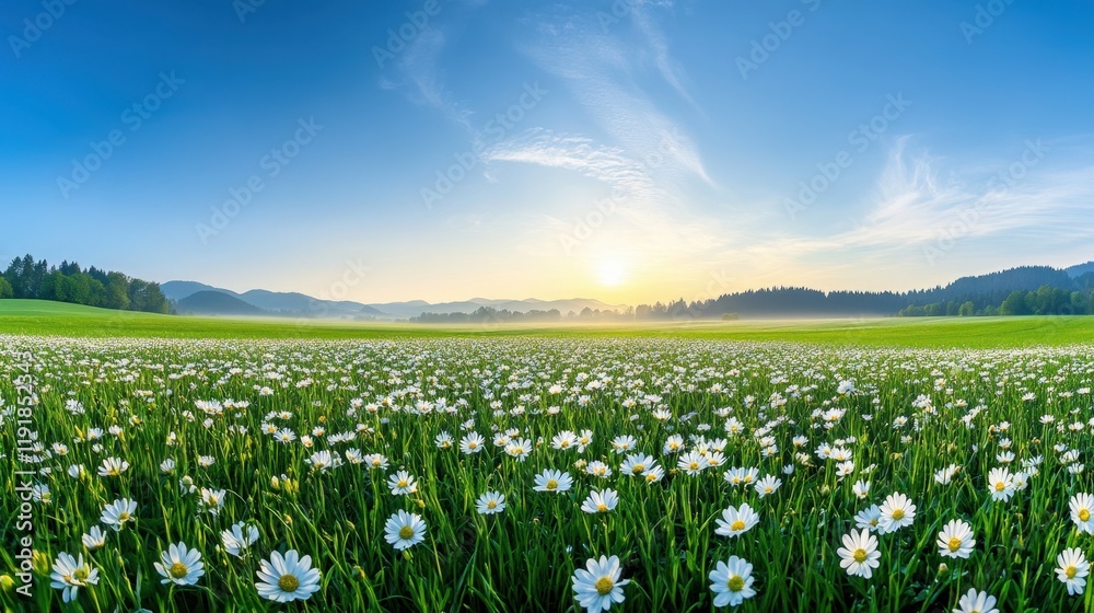 Beautiful field of daisies under a clear blue sky at sunrise Beautiful field of daisies under a clear blue sky at sunrise