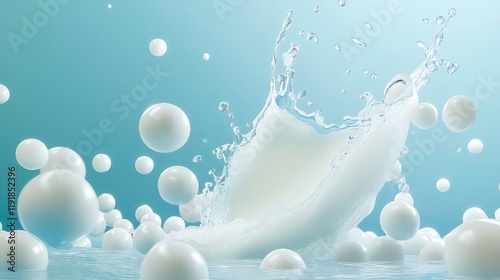 Illustrative 3D scene showing milk tablets splashing onto calcium balls on a blue background, emphasizing the role of vitamin D in strengthening bones photo