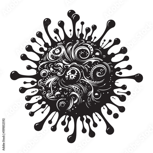 Influenza Virus Silhouette Vector Illustration, Solid White Background.