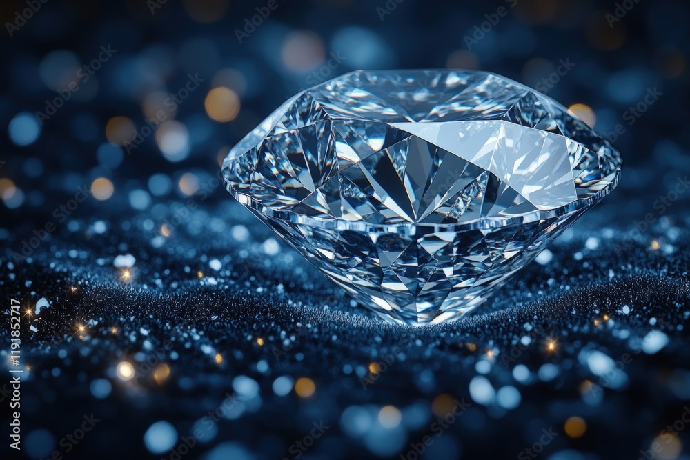 Brilliant diamond rests on glittering, dark surface. Brilliant diamond rests on glittering, dark surface.