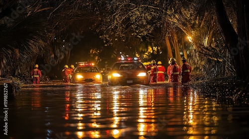 Emergency Response Teams Conduct Flood Rescue Operations in Submerged Streets at Night During Severe Weather Event