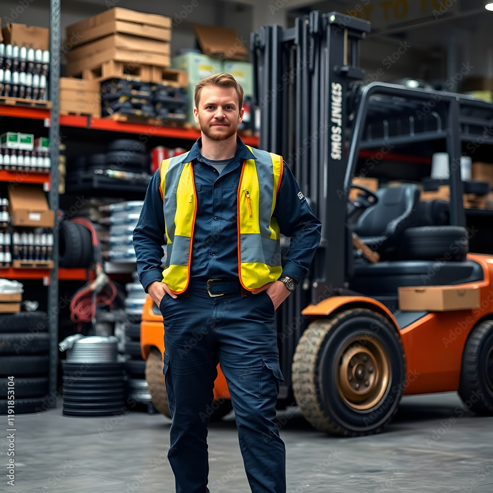 Obraz premium A male warehouse worker surrounded by automotive spare parts, confidently standing next to a loaded forklift truck