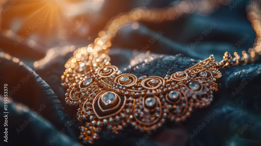 A close-up of an ornate necklace showcasing intricate design and shimmering jewels. A close-up of an ornate necklace showcasing intricate design and shimmering jewels.