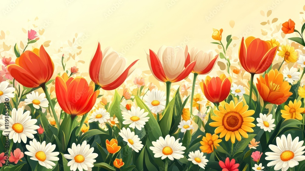 Fototapeta premium Vibrant spring flowers, tulips, daisies, and sunflowers in a sunny meadow.