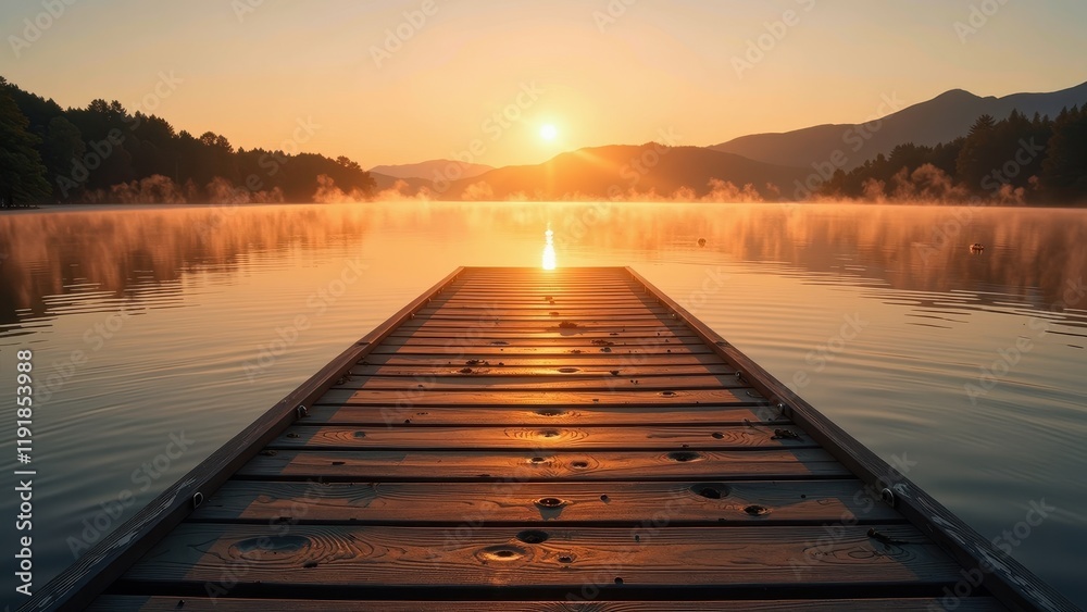 Obraz premium Sunset over a serene lake, illuminating an elegant wooden dock with vertical and horizontal planks stretching across the water's edge