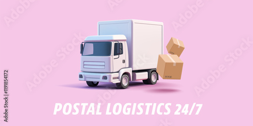 White truck with cardboard boxes, 3D. Postal delivery service, service, logistics, maintenance. Truck on a pink background. Vector illustration.