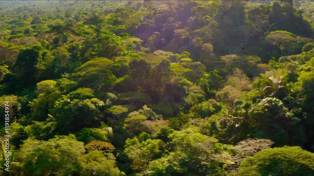 Bird's-eye view of a rainforest canopy with sunlight streaming through. Bird's-eye view of a rainforest canopy with sunlight streaming through.