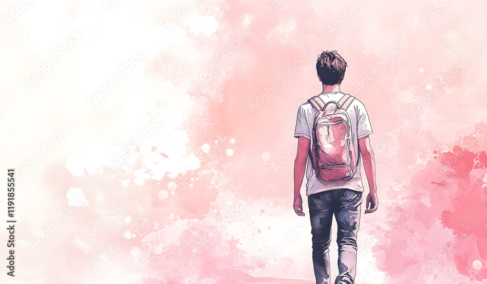 Abstract Illustration of a Man Walking with a Backpack on a Soft Pink Background Abstract Illustration of a Man Walking with a Backpack on a Soft Pink Background