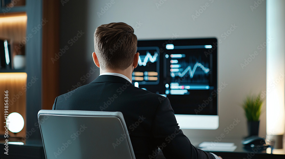 financial advisor analyzing glowing AI portfolio data on computer screen. modern office setting enhances professional atmosphere, showcasing technology and finance financial advisor analyzing glowing AI portfolio data on computer screen. modern office setting enhances professional atmosphere, showcasing technology and finance