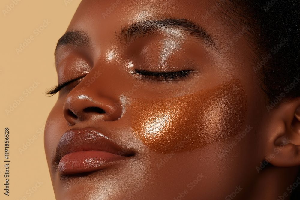 Glow-enhancing facial treatment with shimmer applied on smooth skin Glow-enhancing facial treatment with shimmer applied on smooth skin