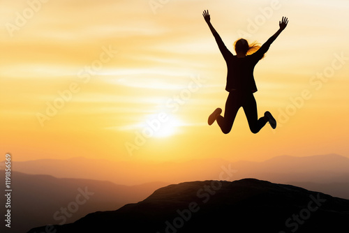 Wallpaper Mural Person joyfully jumps against a vibrant sunset in a scenic landscape Torontodigital.ca