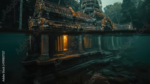 An underwater view of an ancient temple, illuminated by a warm glow, surrounded by nature.