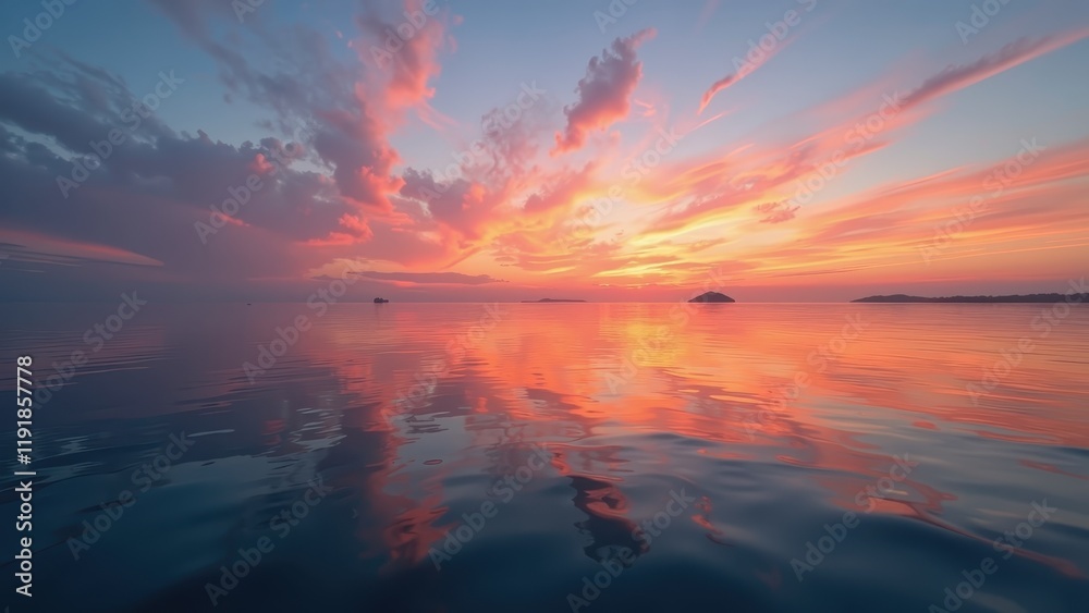 Fototapeta premium Sunset bathes the ocean with hues of orange and yellow; a serene horizon meets a deep blue sky, capturing nature's tranquil beauty