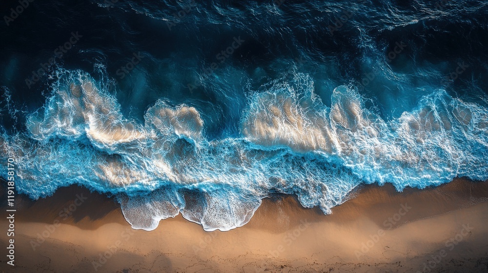 Aerial View of Turquoise Ocean Waves Gently Crashing on Sandy Shore During Golden Hour with Contrast of Blues and Natural Textures Highlighting Ocean Beauty Aerial View of Turquoise Ocean Waves Gently Crashing on Sandy Shore During Golden Hour with Contrast of Blues and Natural Textures Highlighting Ocean Beauty