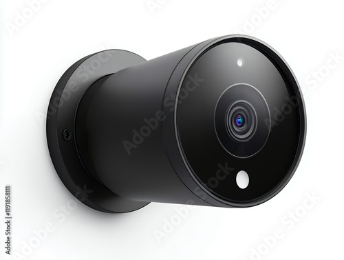 A sleek black Nest Cam outdoor security camera, mounted on a wall. It features a cylindrical design and offers advanced features.