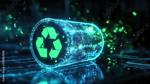 A battery icon morphing into a glowing blue and green eco symbol.