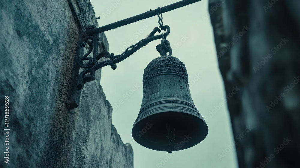 Fototapeta premium Ancient Bell Hanging on a Weathered Wall