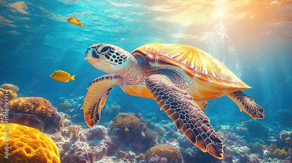 Fototapeta premium Graceful Sea Turtle Swimming Through Vibrant Coral Reef Under Bright Sunlight in Clear Blue Ocean Water Creating a Beautiful Marine Ecosystem Scene
