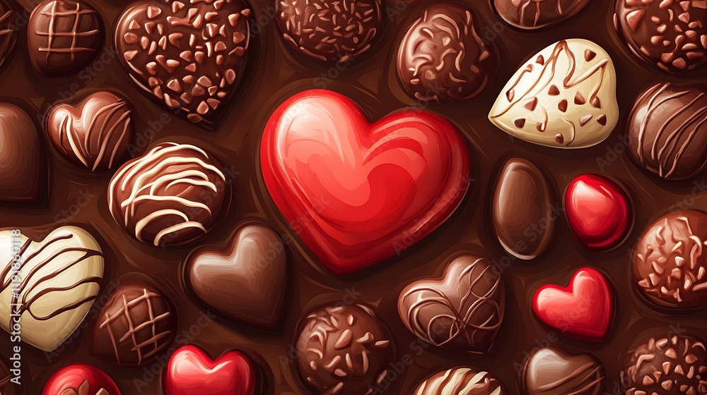 An assortment of heart-shaped and round chocolates in rich, dark brown and red. An assortment of heart-shaped and round chocolates in rich, dark brown and red.