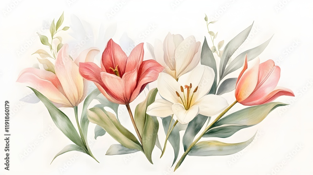 Fototapeta premium Delicate Watercolor Painting of Lilies and Tulips