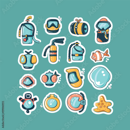 collection of cute vector diving equipment stickers