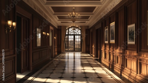 Elegant hallway, grand mansion, sunlight, elevator, interior design