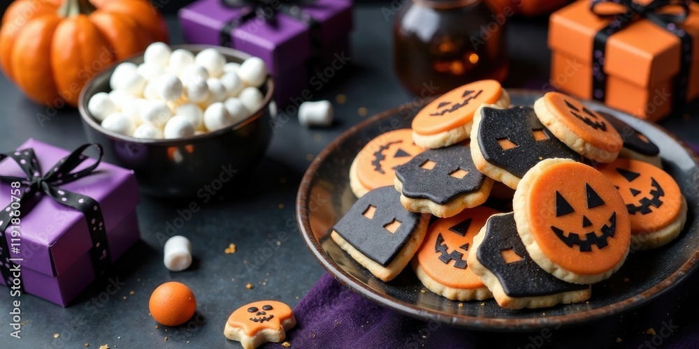A delightful arrangement of Halloween-themed cookies, featuring jack-o'-lantern and ghost designs, sits on a dark plate beside a bowl of marshmallows and festively wrapped gifts. A delightful arrangement of Halloween-themed cookies, featuring jack-o'-lantern and ghost designs, sits on a dark plate beside a bowl of marshmallows and festively wrapped gifts.