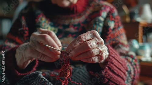 An elderly person's hands knitting with colorful yarn, showcasing craftsmanship and tradition.