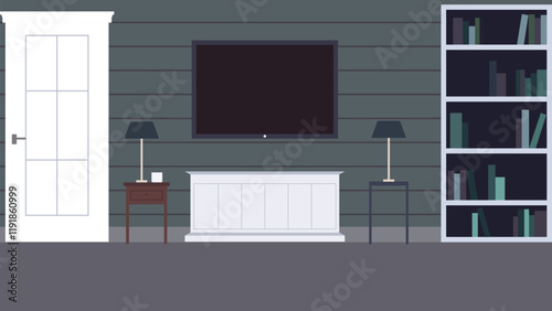 Modern Digital Television in the Living Room at Home with Bookshelf